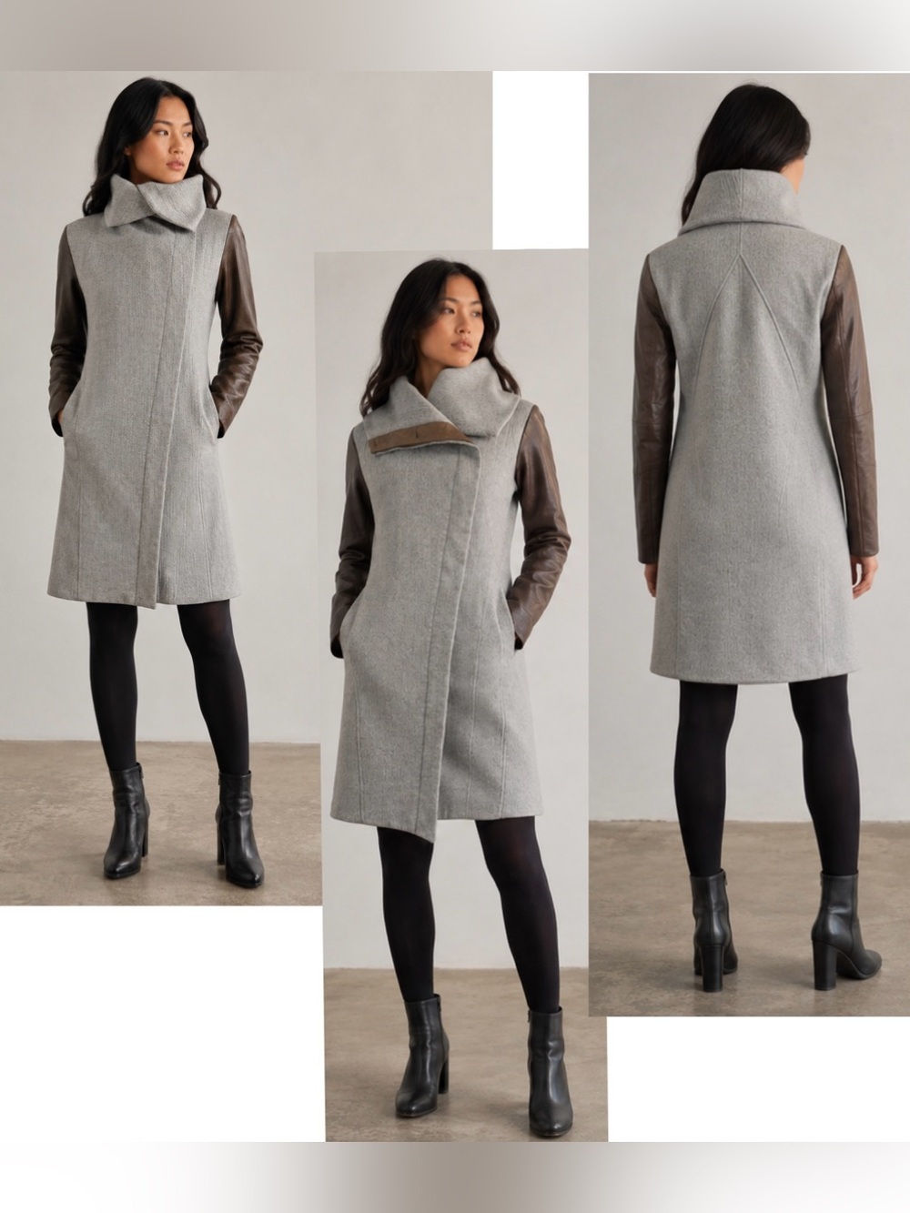 Helmet Lang wool & Lamb Leather brown gray colour block pattern coat Sz XS - Picture 14 of 16